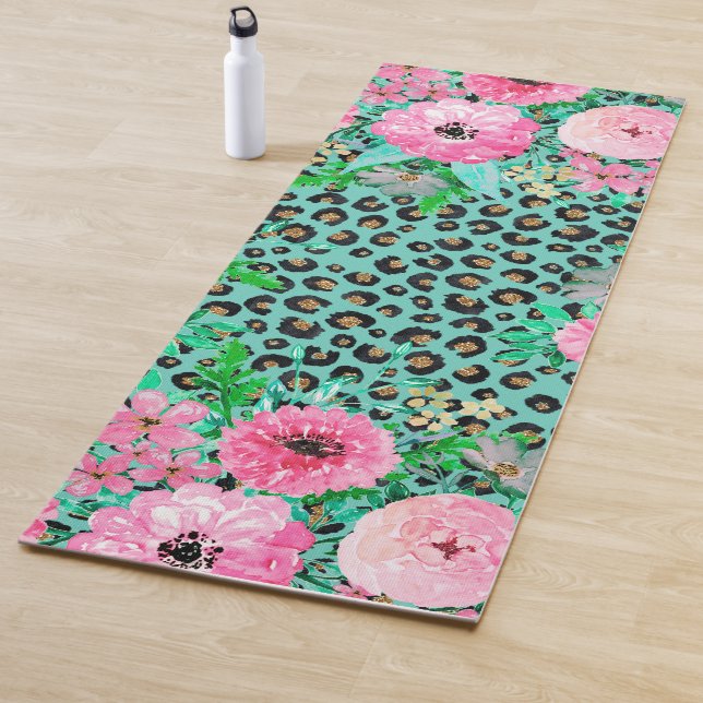 Elegantes Minze Leopard Print und Blumendesign Yogamatte (Beispiel)