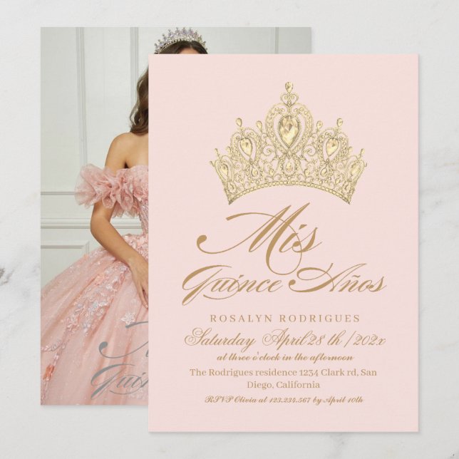 Elegantes Mis Quince Anos Pink Gold Foto Einladung (Vorne/Hinten)