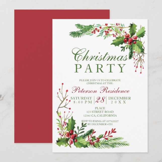 Elegantes Mistleton Aquarellgrün Weihnachten Einladung (Vorne/Hinten)