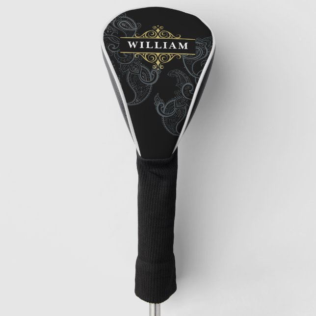 Elegantes Mit Monogramm Black and Gold Paisley Golf Headcover (Vorderseite)