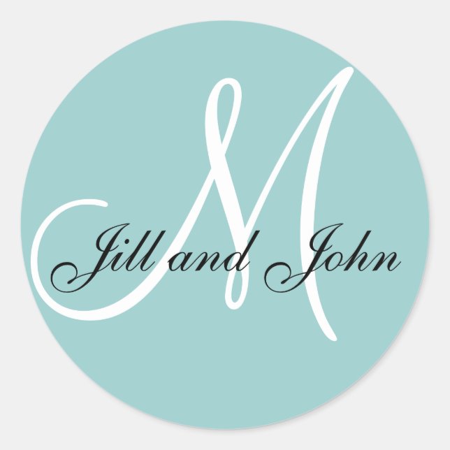 Elegantes Mit Monogramm Blue Wedding Label Runder Aufkleber (Vorderseite)