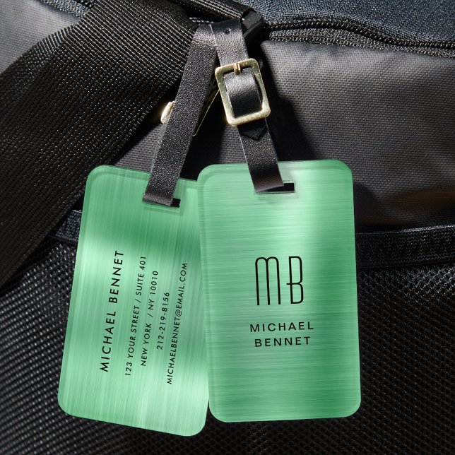 Elegantes, Mit Monogramm, grünes, gebürstetes Meta Gepäckanhänger (Elegant Monogrammed Green Brushed Metal Luggage Tag)