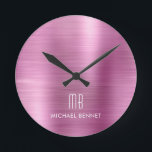 Elegantes Mit Monogramm rosa gebürstetes Metallic Runde Wanduhr<br><div class="desc">Personalisierte elegante, Mit Monogramm rosa, gebürstete Uhr.</div>