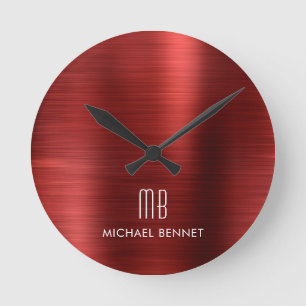 Elegantes Mit Monogramm Rot-Pinselmetallic Runde Wanduhr