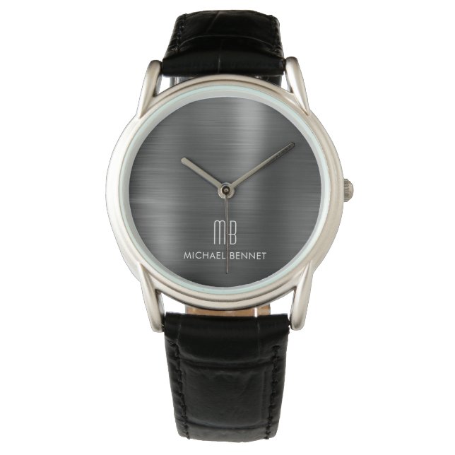 Elegantes Mit Monogramm Schwarz-Bürstenmetall Armbanduhr (Vorderseite)