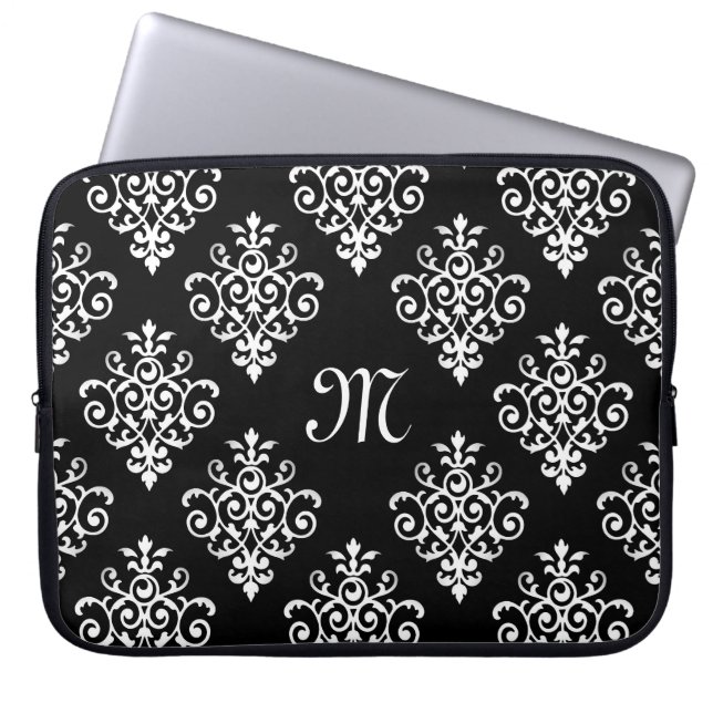 Elegantes Mit Monogramm Schwarz-Weiß-Damaskus-Must Laptopschutzhülle (Vorderseite)