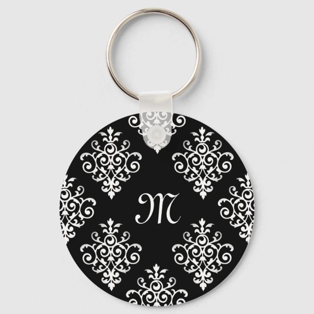 Elegantes Mit Monogramm Schwarz-Weiß-Damaskus-Must Schlüsselanhänger (Vorderseite)