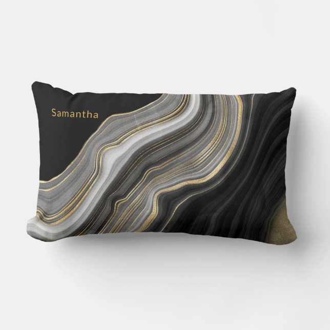 Elegantes Mit Monogramm Schwarzes Gold und Gray Ag Lendenkissen (Vorderseite)