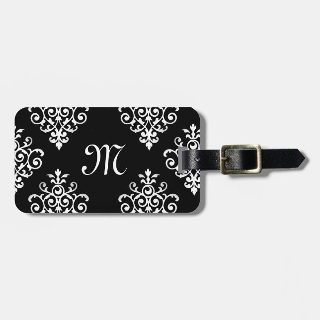 Elegantes mit Monogramm Schwarzweiss-Damast-Muster Gepäckanhänger (Vorderseite horizontal)