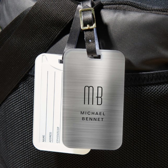 Elegantes, Mit Monogramm Silber gestreift Gepäckanhänger (Elegant Monogrammed Silver Brushed Metallic Luggage Tag)