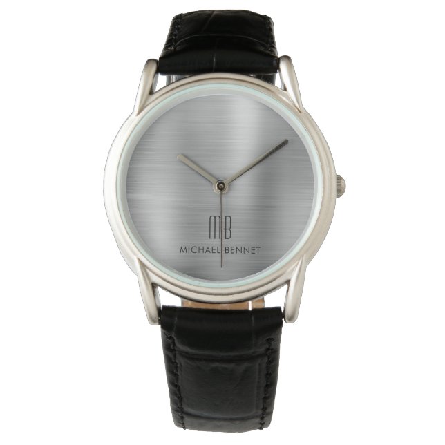 Elegantes Mit Monogramm Silber Grau gebürstetes Me Armbanduhr (Vorderseite)