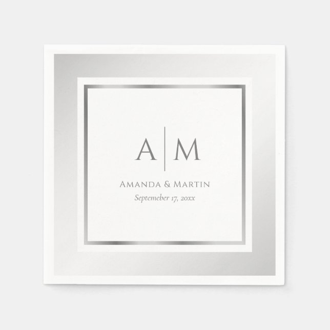 Elegantes Mit Monogramm Silberhochzeitpapier Napki Serviette (Vorderseite)