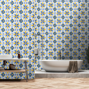 Elegantes Mittelmeer-Muster Blau Gelb Tapete