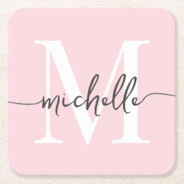 Elegantes Modern Blush Pink Monogram Name Script Rechteckiger Pappuntersetzer