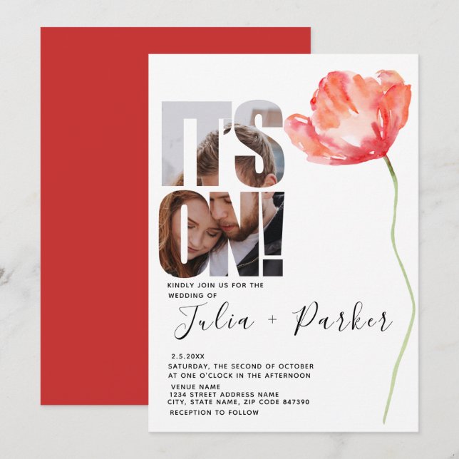 Elegantes Modern Foto Poppy Red Wedding Einladung (Vorne/Hinten)