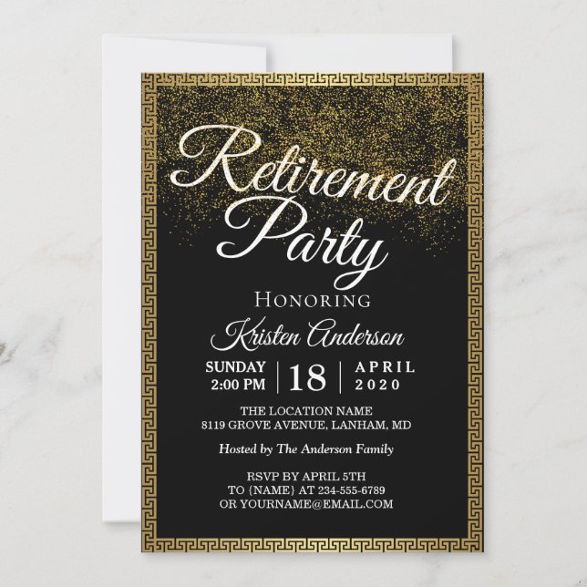 Elegantes Modern Gold Glitzern Retirement Party In Einladung (Vorderseite)