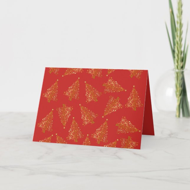 Elegantes Modern Gold & Red Christmas Tree Muster Karte (Vorderseite)