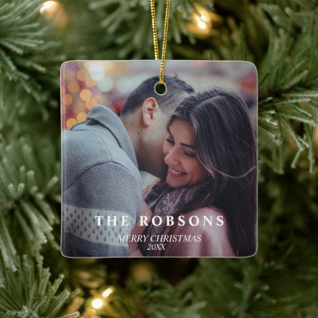 Elegantes Modern Green Christmas Trees Couple Foto Keramikornament (Baum)