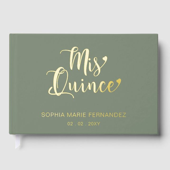 Elegantes Modern Sage Gold Foto Quinceañera Gästebuch (Vorderseite)