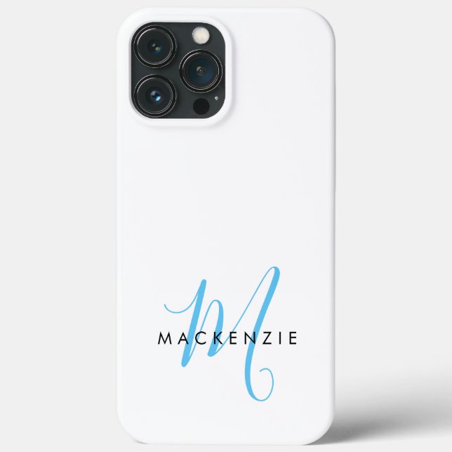 Elegantes Modern White Sky Blue Script Monogram Case-Mate iPhone Hülle (Rückseite)