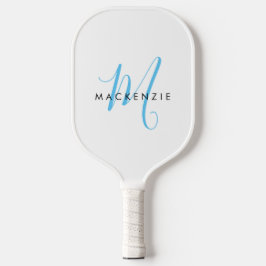 Elegantes Modern White Sky Blue Script Monogram Pickleball Schläger