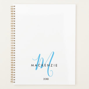 Elegantes Modern White Sky Blue Script Monogram Planer
