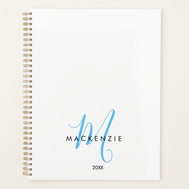 Elegantes Modern White Sky Blue Script Monogram Planer (Vorderseite)