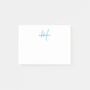 Elegantes Modern White Sky Blue Script Monogram Post-it Klebezettel