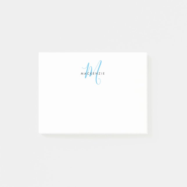 Elegantes Modern White Sky Blue Script Monogram Post-it Klebezettel (Vorderseite)