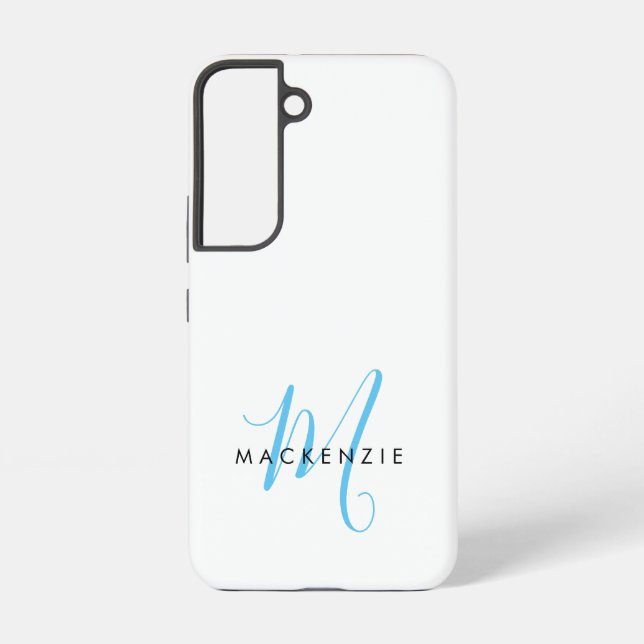 Elegantes Modern White Sky Blue Script Monogram Samsung Galaxy Hülle (Rückseite)