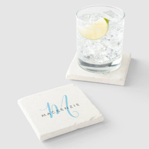 Elegantes Modern White Sky Blue Script Monogram Steinuntersetzer
