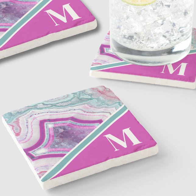 Elegantes modernes Achat-Initial-Monogramm Steinuntersetzer (Chic Stylish Turquoise Pink Agate Initial Monogram Stone Coaster)