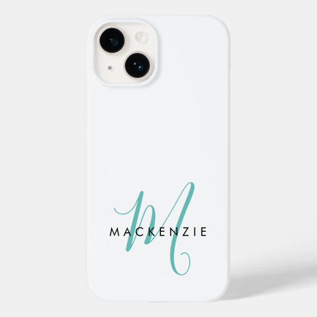 Elegantes, modernes Aquamarines Script Monogram Case-Mate iPhone 14 Hülle (Rückseite)