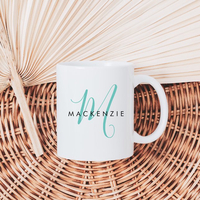 Elegantes, modernes Aquamarines Script Monogram Kaffeetasse (Von Creator hochgeladen)