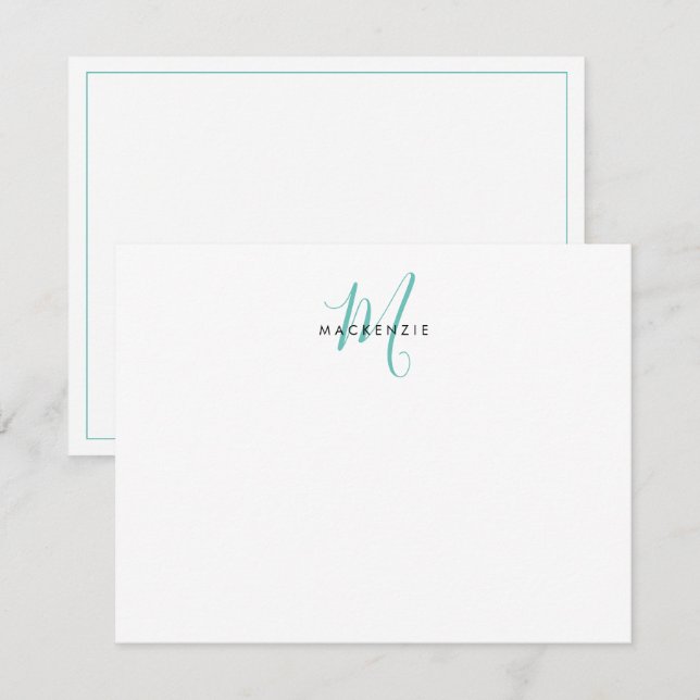 Elegantes, modernes Aquamarines Script Monogram Mitteilungskarte (Vorne/Hinten)