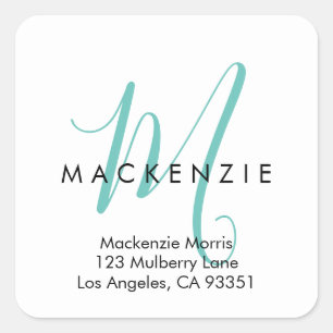 Elegantes, modernes Aquamarines Script Monogram Quadratischer Aufkleber