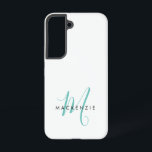 Elegantes, modernes Aquamarines Script Monogram Samsung Galaxy Hülle<br><div class="desc">Elegante moderne Aquamarine Script Monogram Phone Case. Ein elegantes aquamarines Skriptmonogramm in Verbindung mit einem sauberen schwarzen San-Serif-Schriftart sorgt für ein zeitgemäßes Aussehen.</div>