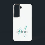 Elegantes, modernes Aquamarines Script Monogram Samsung Galaxy Hülle<br><div class="desc">Elegante moderne Aquamarine Script Monogram Phone Case. Ein elegantes aquamarines Skriptmonogramm in Verbindung mit einem sauberen schwarzen San-Serif-Schriftart sorgt für ein zeitgemäßes Aussehen.</div>