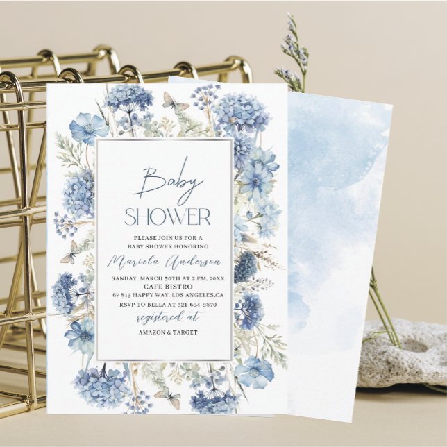 Elegantes modernes Aquarell Blue Blwers Baby Showe Einladung (Von Creator hochgeladen)