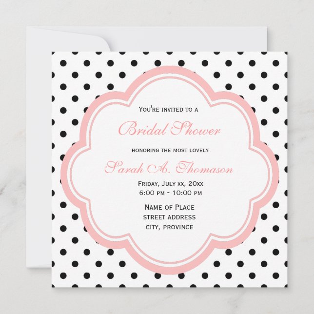 Elegantes, modernes B&W Polka dots Brautparty Einladung (Vorderseite)