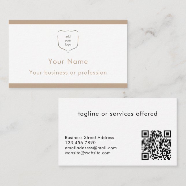 Elegantes modernes beiges Logo QR-Code Professiona Visitenkarte (Vorne/Hinten)