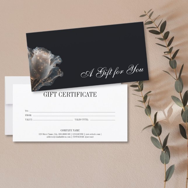 Elegantes modernes Berufliches Geschenkgutschein (elegant glitter white rose on the black background, gift certificate)