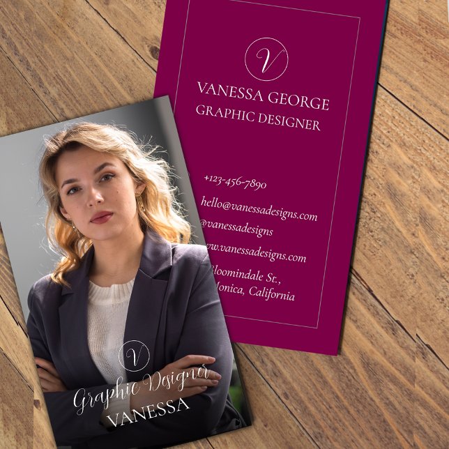 Elegantes modernes Berufliches Monogramm-Foto Visitenkarte (Elegant Cute Red Photo Modern Monogram Custom Business Card)