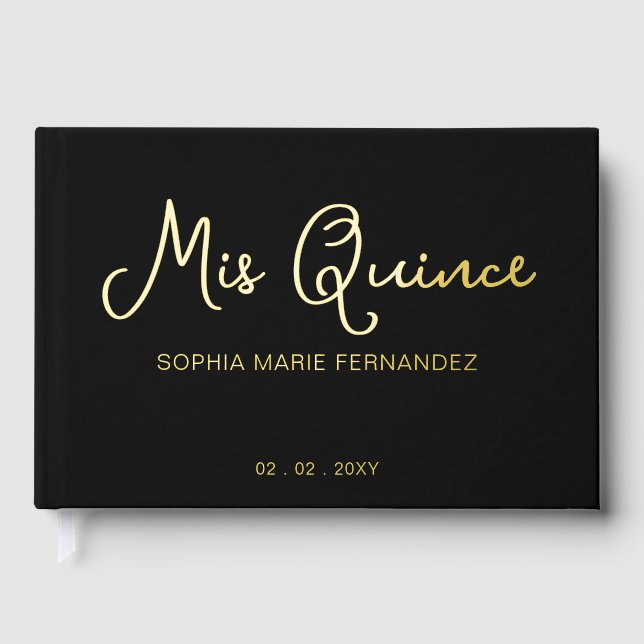 Elegantes, modernes Black Gold Foto Quinceañera Gästebuch (Vorderseite)