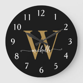 Elegantes, modernes Black Gold Monogram Name Scrip Große Wanduhr