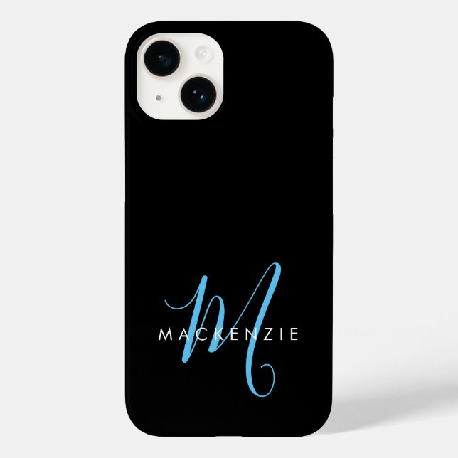 Elegantes, modernes Black Sky Blue Script Monogram Case-Mate iPhone 14 Hülle (Rückseite)