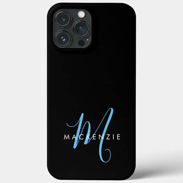 Elegantes, modernes Black Sky Blue Script Monogram Case-Mate iPhone Hülle (Rückseite)