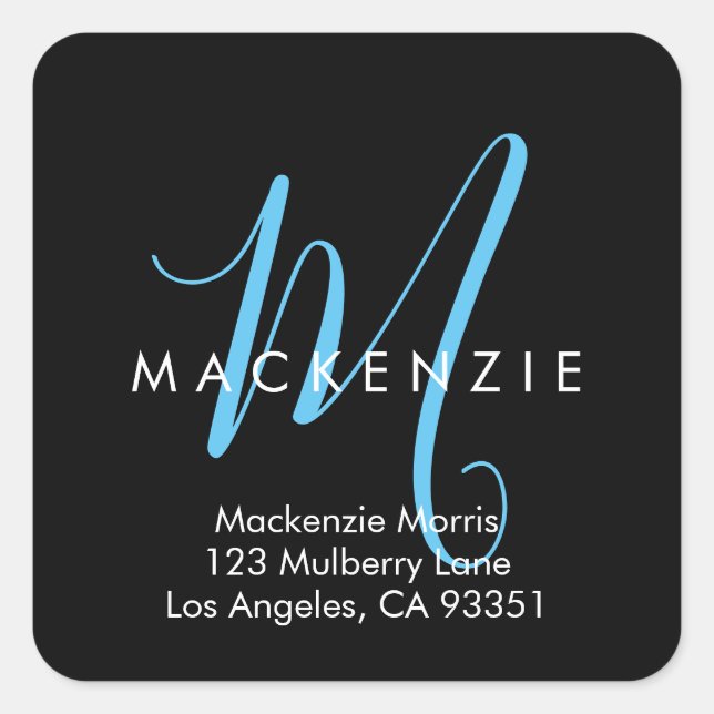 Elegantes, modernes Black Sky Blue Script Monogram Quadratischer Aufkleber (Vorderseite)