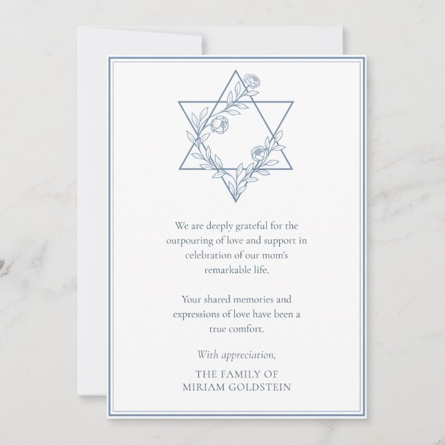 Elegantes modernes Blue Jewish Star Beileid Dankeskarte (Vorderseite)