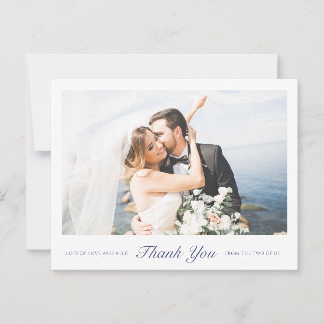 Elegantes, modernes Blue Script Foto Hochzeit Dankeskarte (Vorderseite)